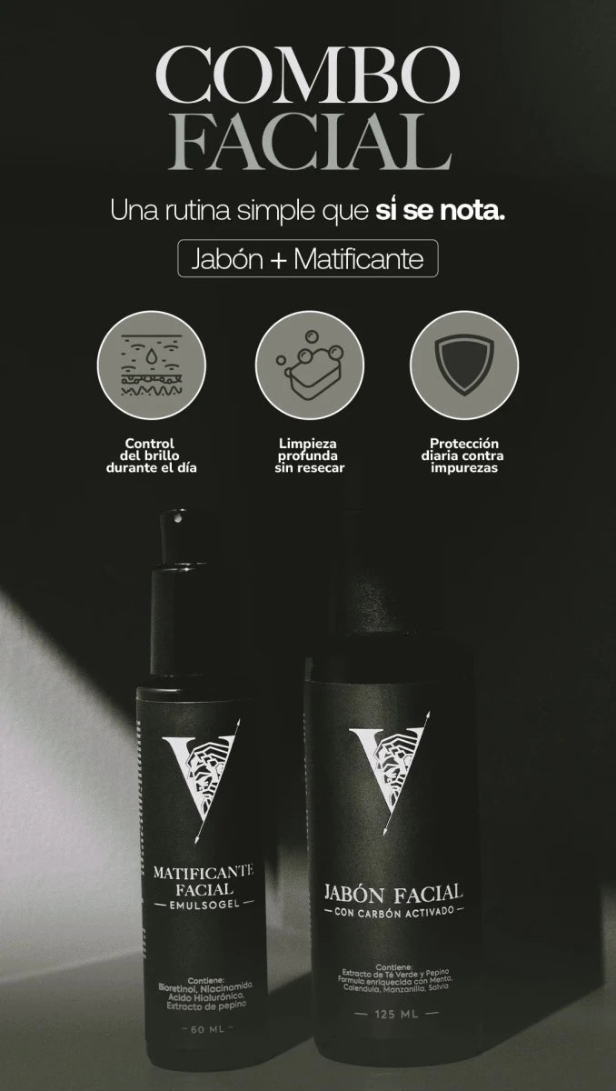 COMBO FACIAL VIRTUS HOMONIS - JABON FACIAL CON CARBON ACTIVADO - MATIFICANTE FACIAL REVINAGE - Virtus Hominis
