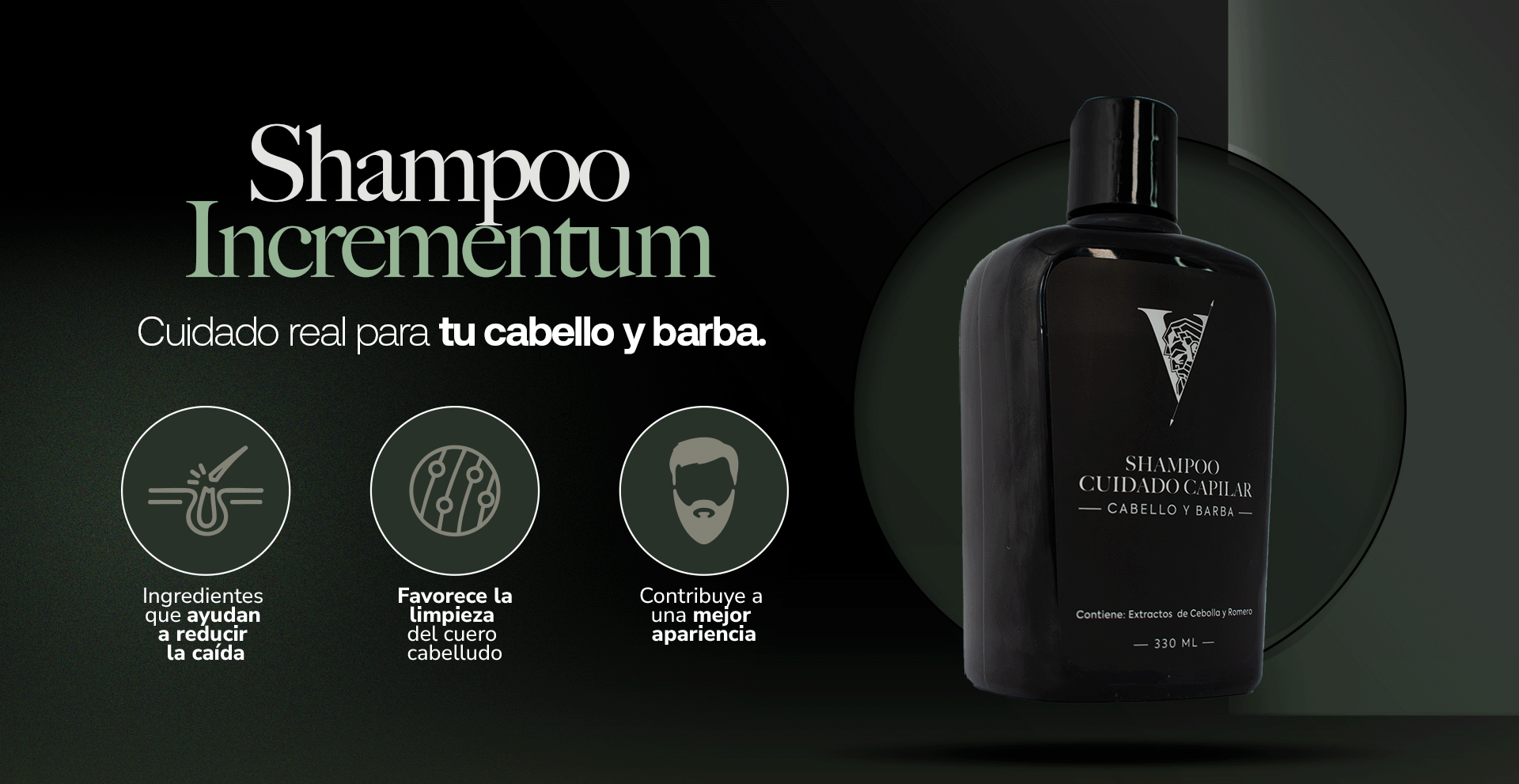 Botella de shampoo anticaída para cuidado masculino Virtus Hominis.