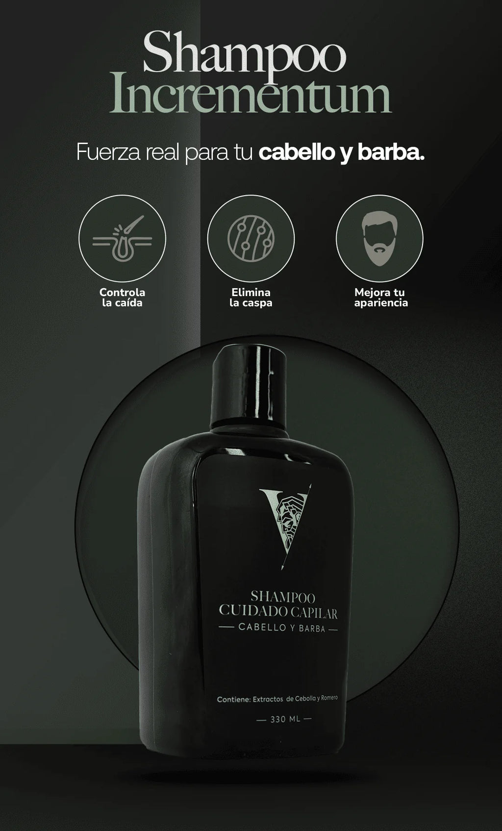 Shampoo Incrementum Virtus Hominis - infografía beneficios cabello y barba